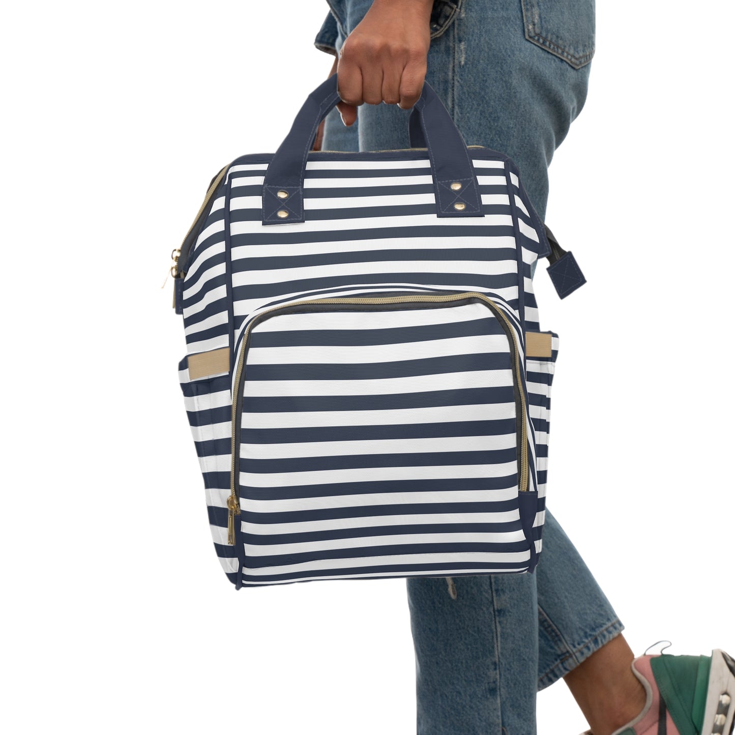 Nautical Stipe Multifunctional Diaper Backpack-Navy