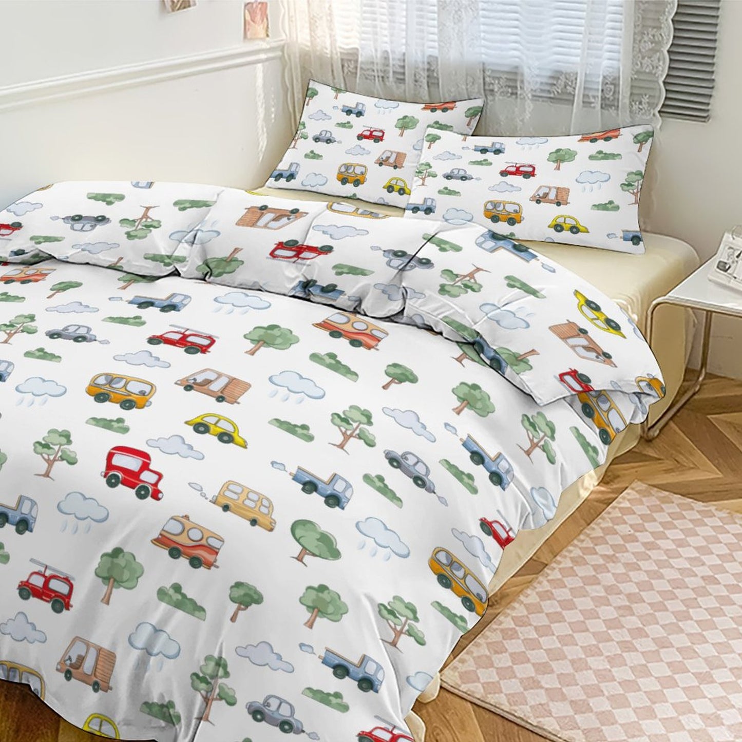 Cute Cars 3-Piece Bedding Set-86"×70" Twin Reversible Transportation Theme Duvet Cover Set