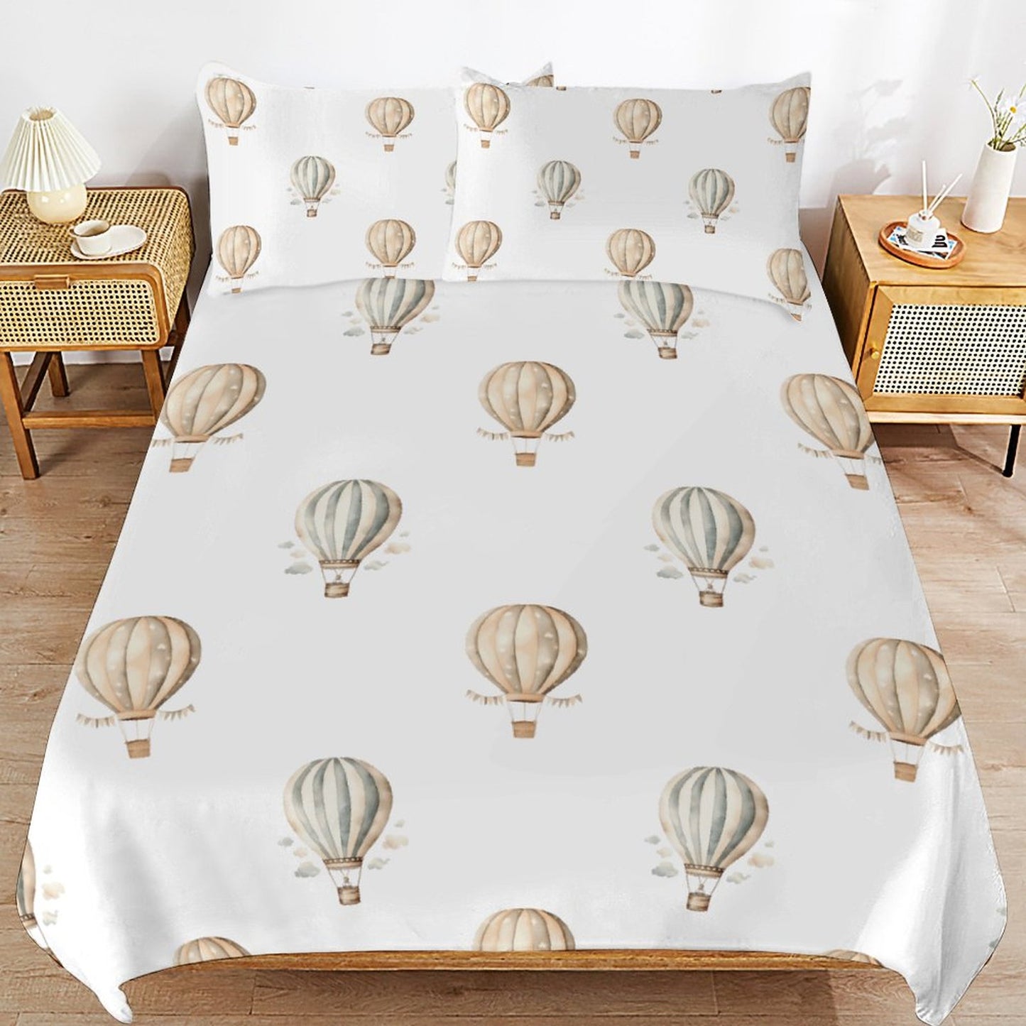 Neutral Hot Air Balloons Duvet Bedding Set-90"x90" Full-Queen, Reversible Duvet Cover Set