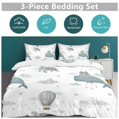 Whale Clouds 3-Piece Bedding Set-86"×70" Twin Reversible Duvet Cover Set