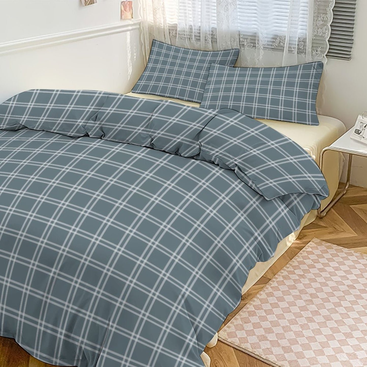 Blue Check Plaid 3-Piece Bedding Set-90"x90" Full, Queen Blue Check Duvet Cover Set