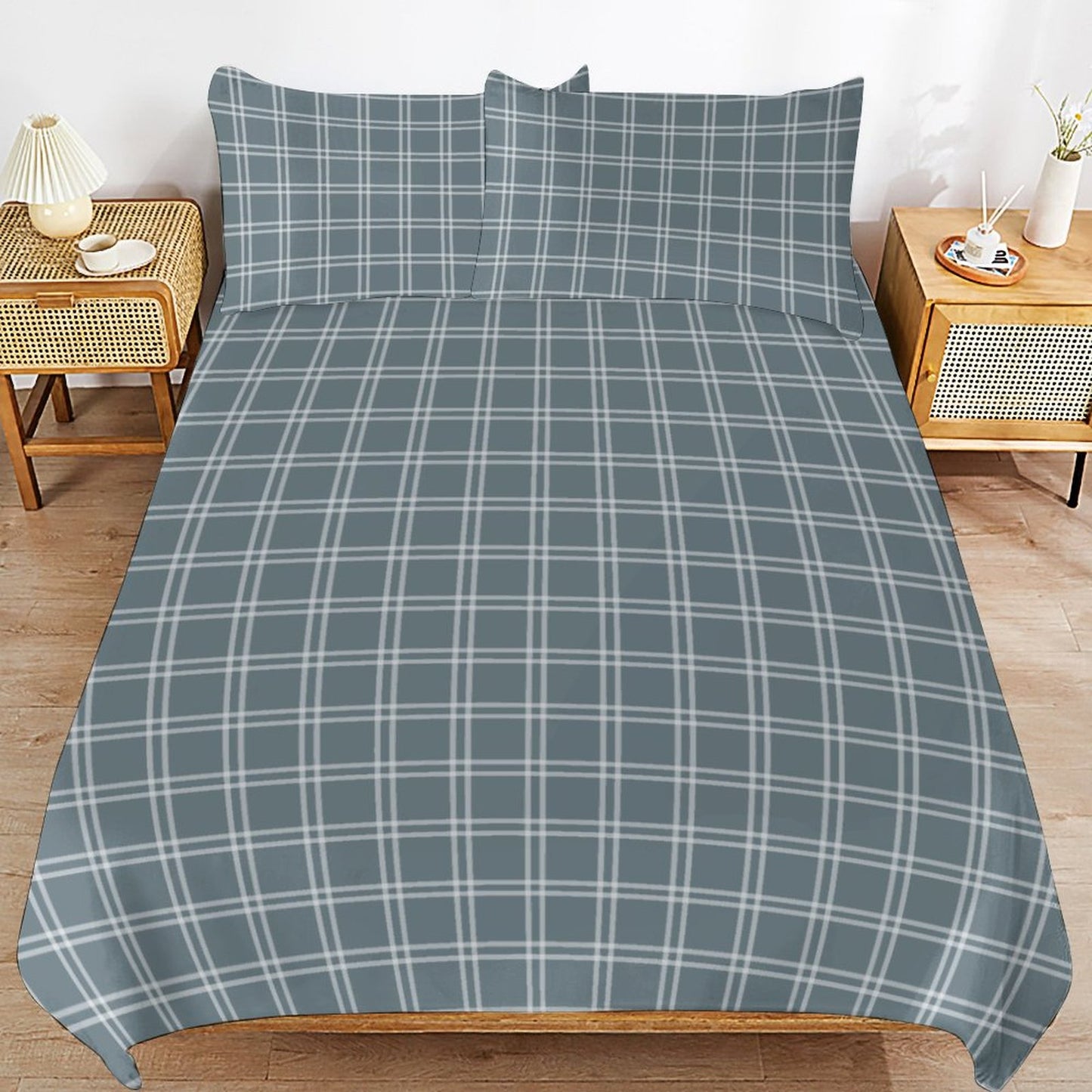 Blue Check Plaid 3-Piece Bedding Set-90"x90" Full, Queen Blue Check Duvet Cover Set