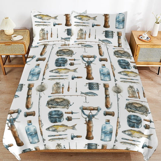 Watercolor Fishing Tools  3-Piece Bedding Set-90"x90" Full, Queen Reversible Fishing Duvet Cover, Fishing Camp, Lake House Bedding Set