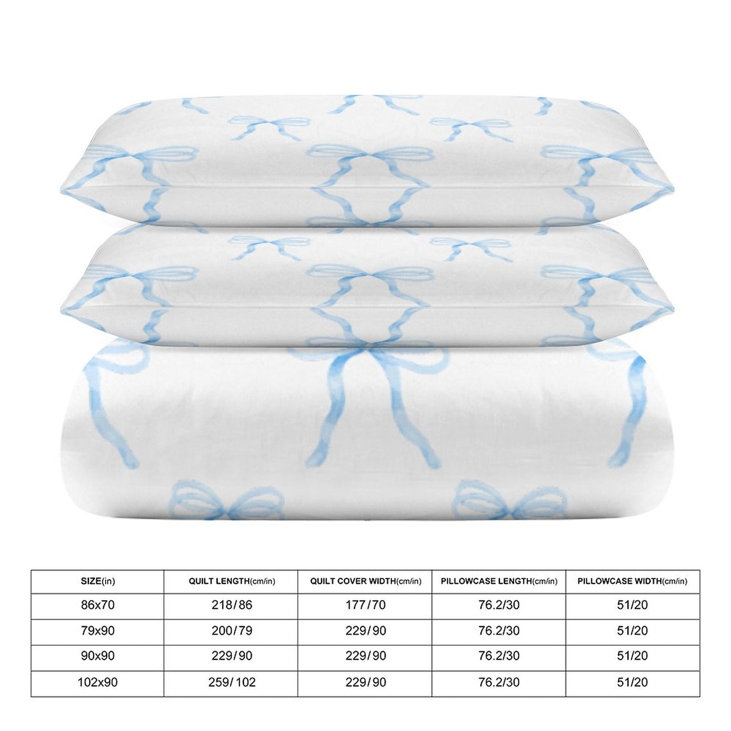 Watercolor Coquette Blue Bows 3-Piece Duvet Bedding Set-90"x90" Full/Queen Reversible Duvet Cover Set