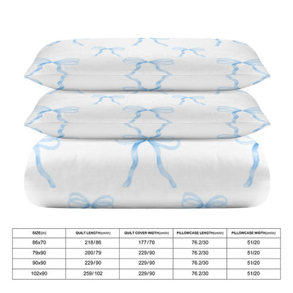 Watercolor Coquette Blue Bows 3-Piece Duvet Bedding Set-90"x90" Full/Queen Reversible Duvet Cover Set