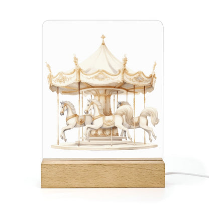 Watercolor Carousel Neutral Acrylic Night Light with Wooden Base