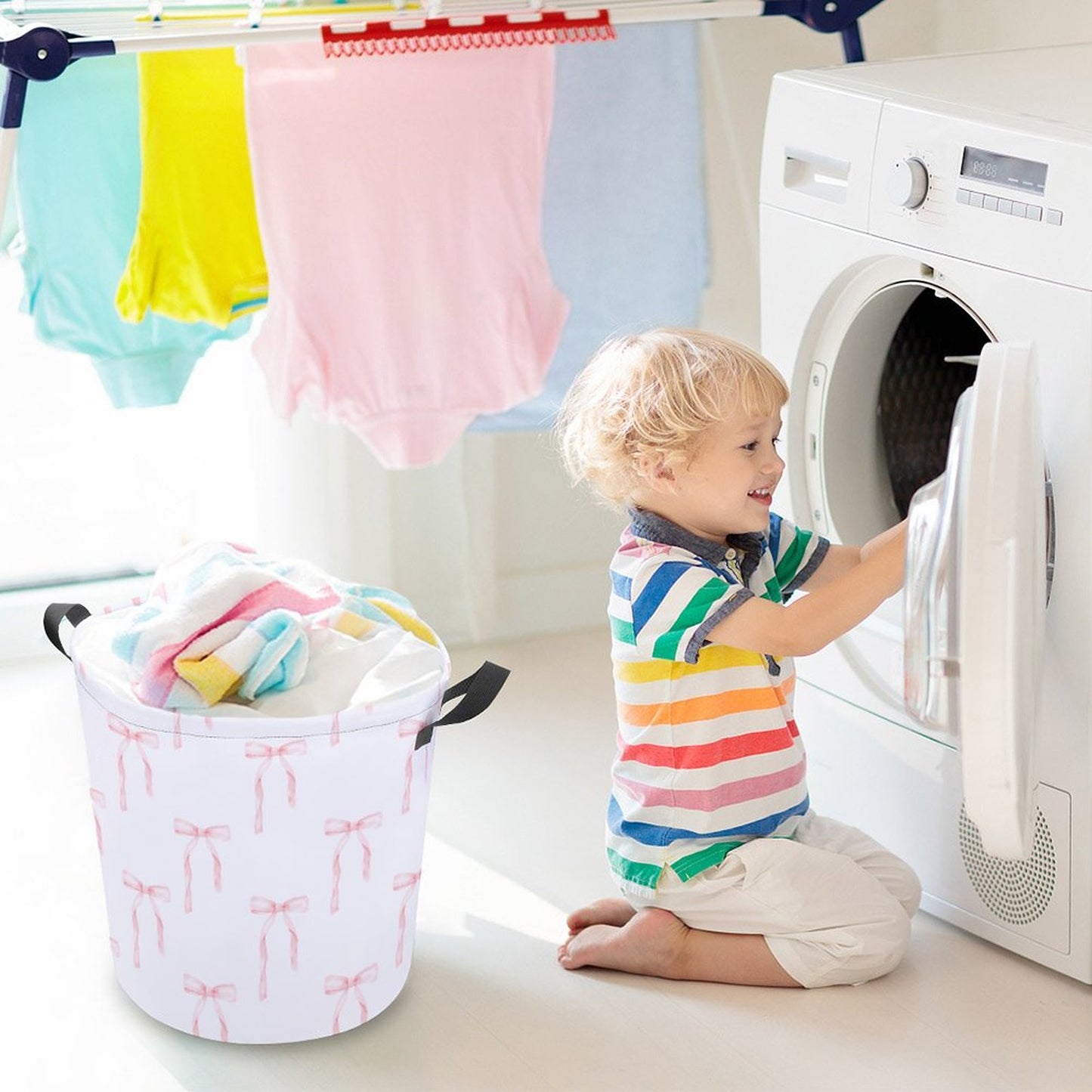 Collapsible Laundry Hamper- Watercolor Coquette Pink Bows