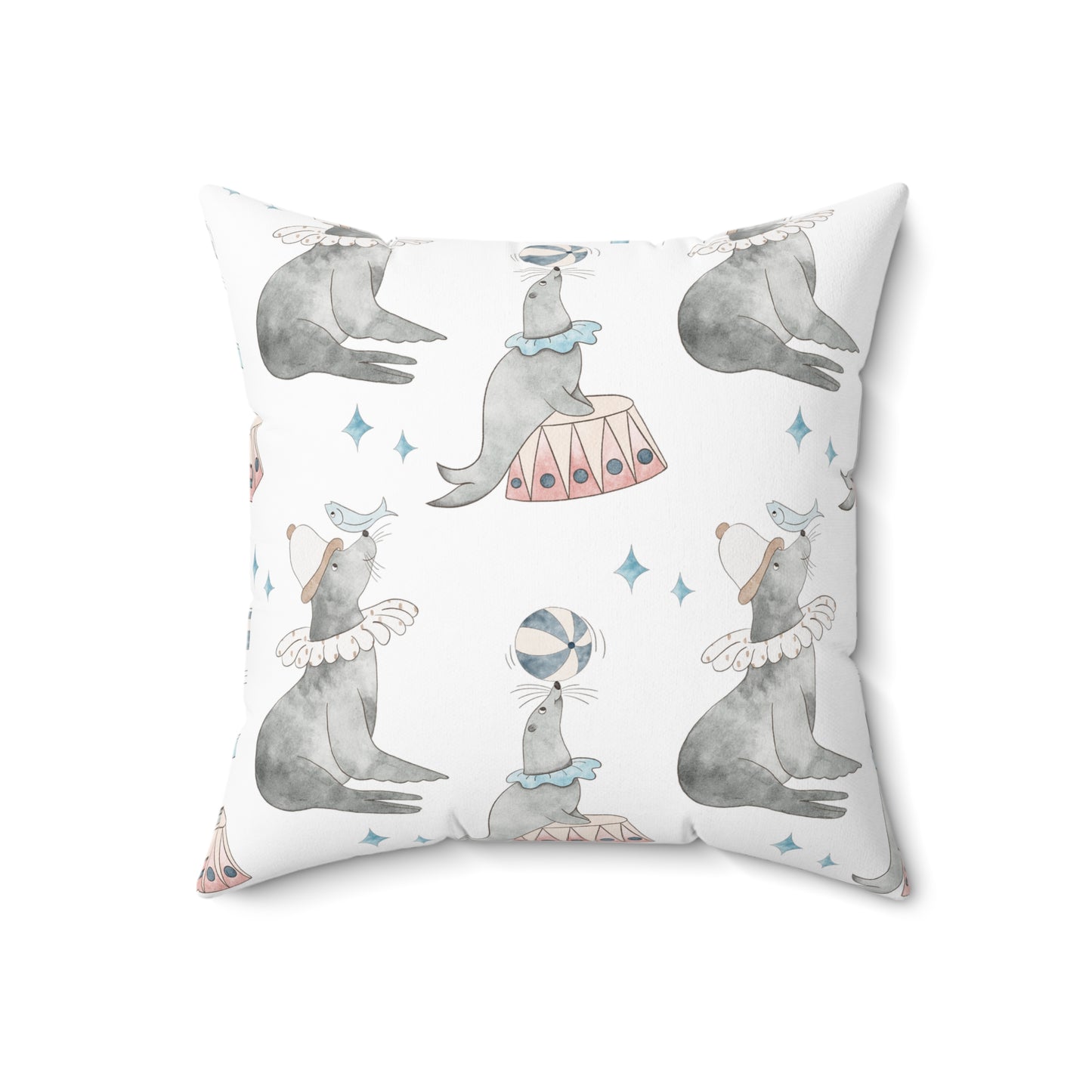 Spun Polyester Square Pillow Watercolor Circus Seals Blue and White