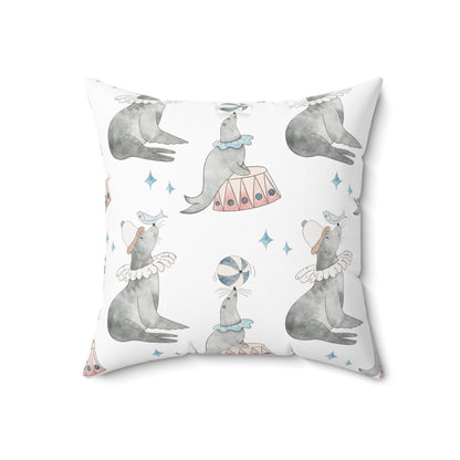 Spun Polyester Square Pillow Watercolor Circus Seals Blue and White