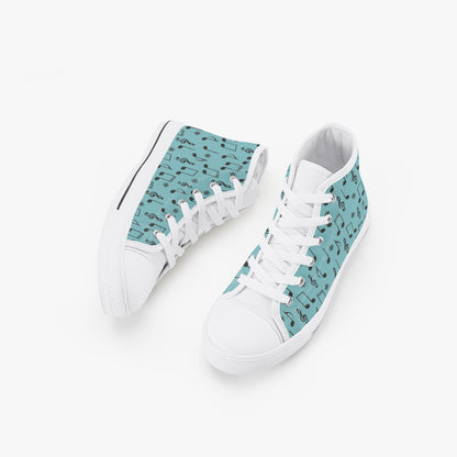 unisex 50s Diner Music Notes Teal Kid’s High-Top Canvas Shoes