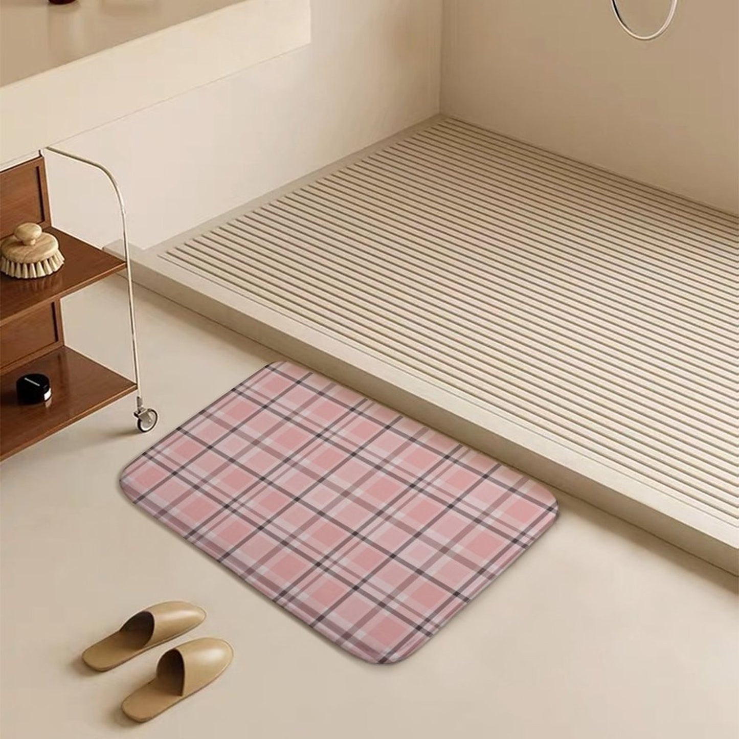 Plush Bath Mat- Pink Chocolate Plaid