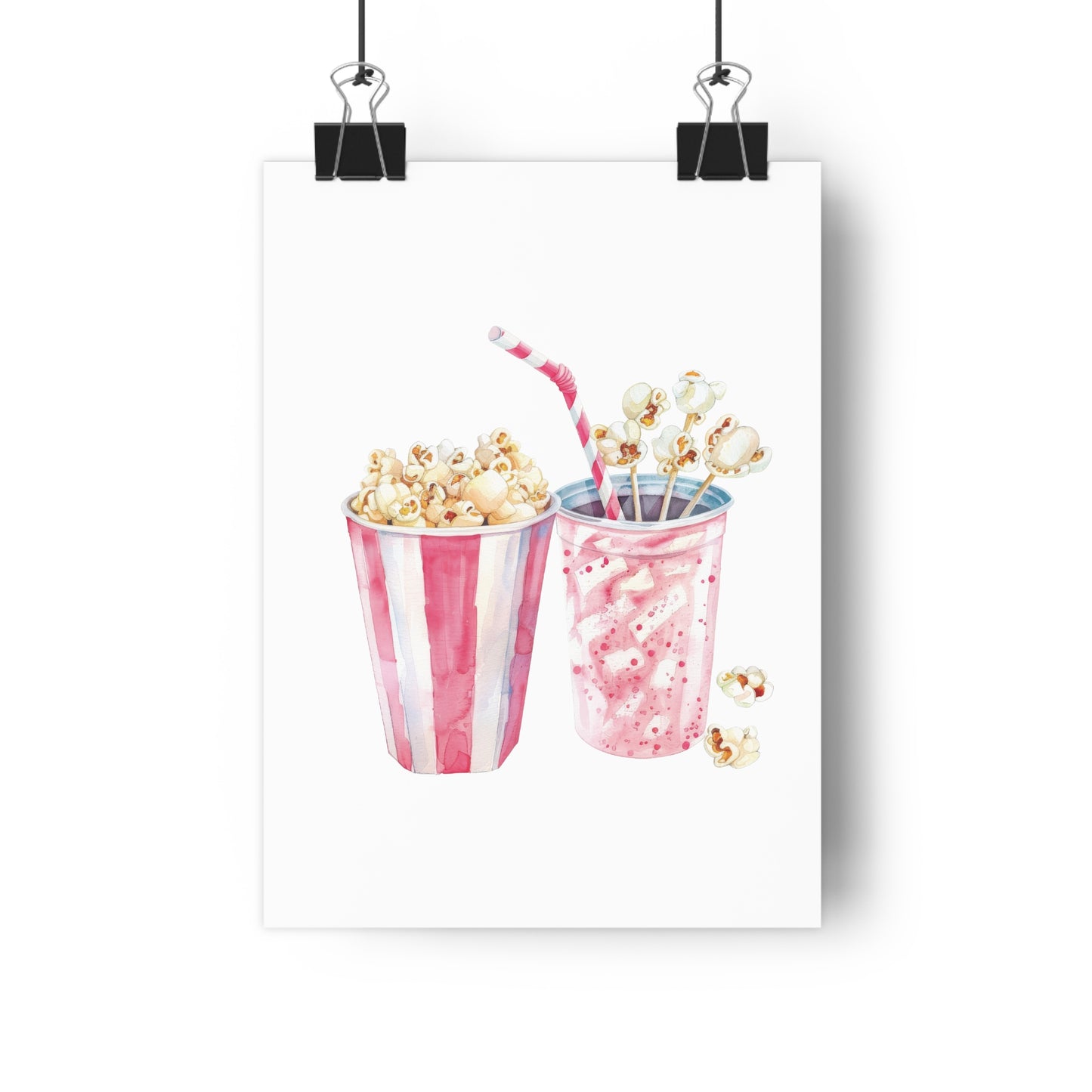 Giclée Art Print Watercolor Pink Pajama Party Popcorn and Soda