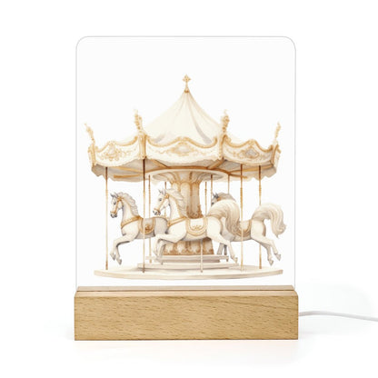 Watercolor Carousel Neutral Acrylic Night Light with Wooden Base