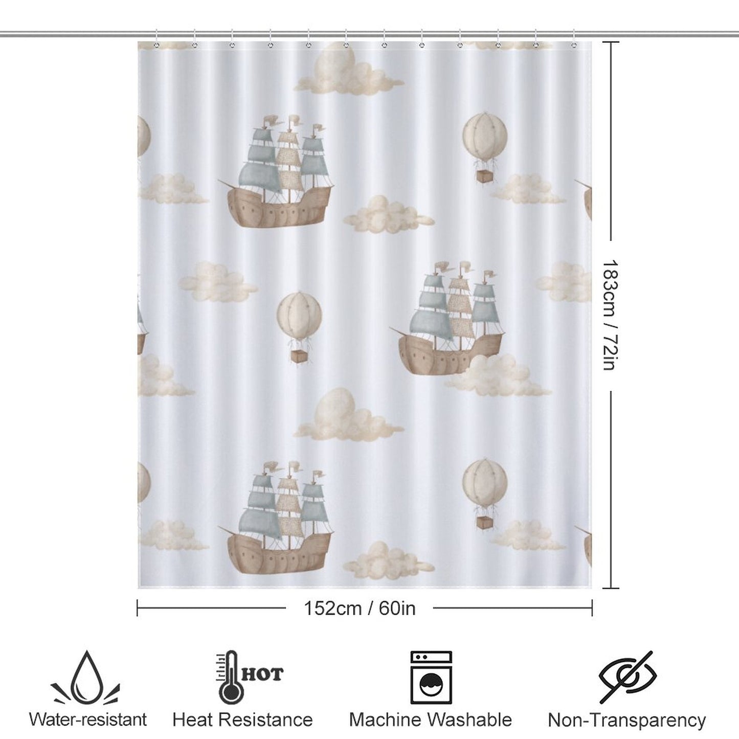 Lightweight Shower Curtain- Watercolor Pirate Ships