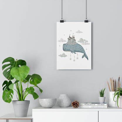 Giclée Art Print Watercolor Whales and Castles Blue Gray