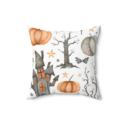 Spun Polyester Square Pillow with Removable Cover Watercolor Halloween Haunted House Flag Banner