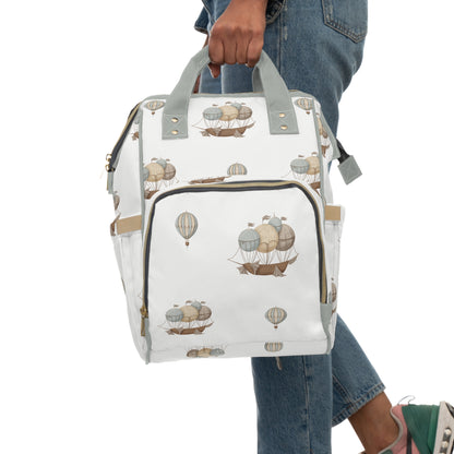 Classic Watercolor Balloon Ships Neutral Multifunctional Diaper Backpack