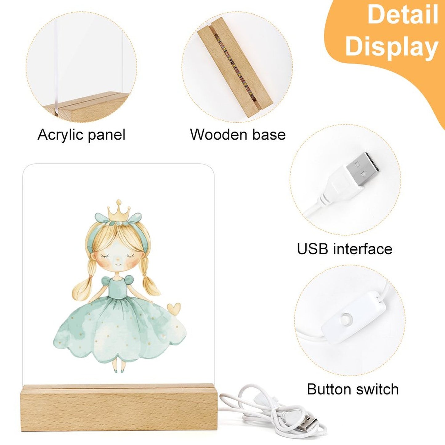 Watercolor Teal Princess 3 Acrylic Night Light with Wooden Base