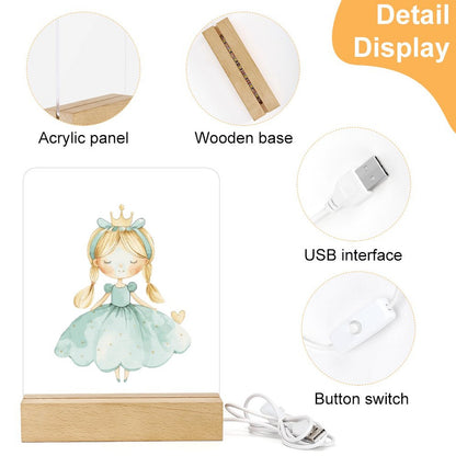 Watercolor Teal Princess 3 Acrylic Night Light with Wooden Base