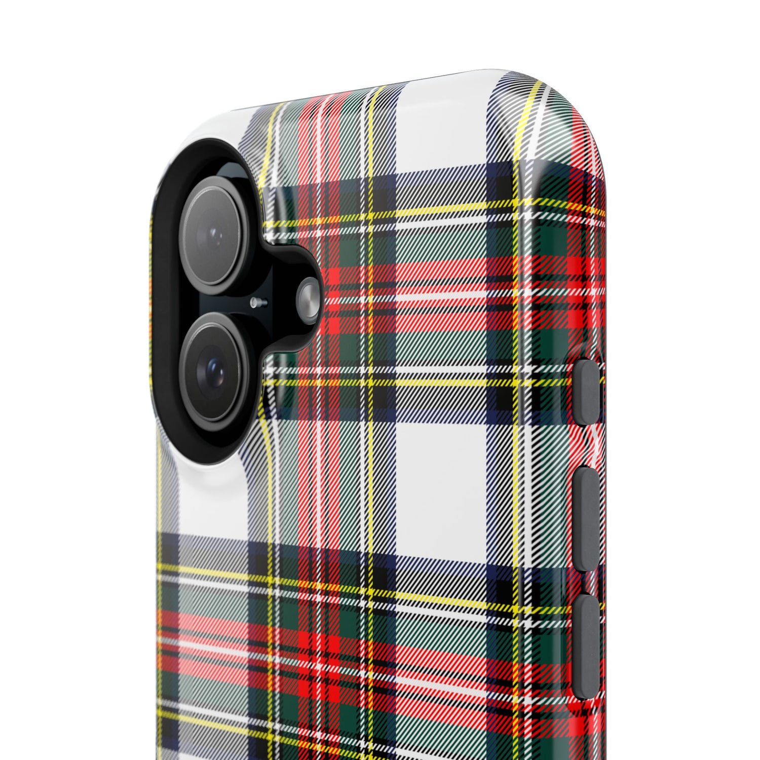 A phone case with a Christmas-themed tartan plaid pattern, featuring a camera module with two lenses on the back.