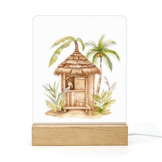 Watercolor Aloha Tiki Hut Night Light with Wooden Base