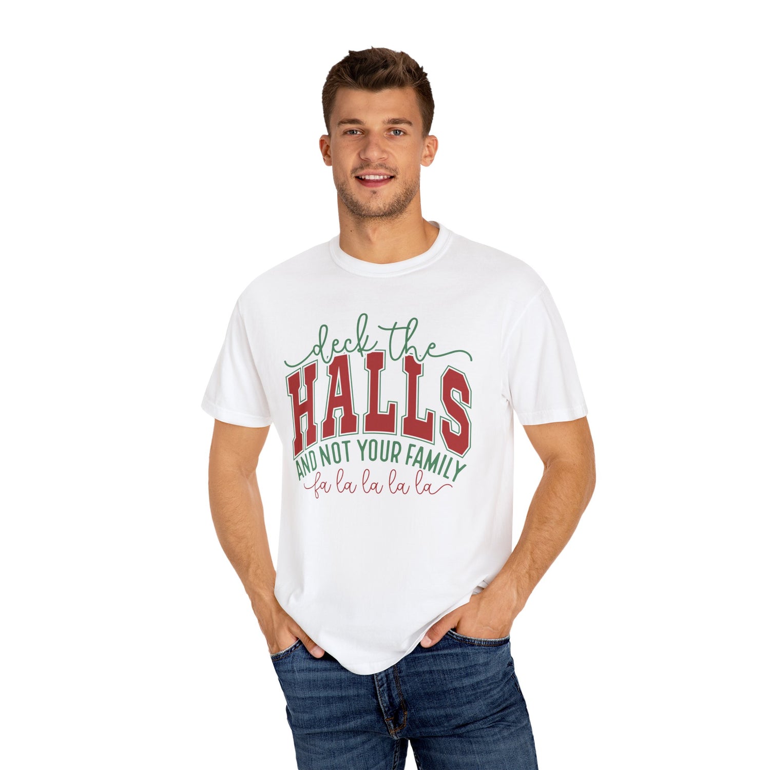 Man wearing a white t-shirt with Christmas-themed text on a white background