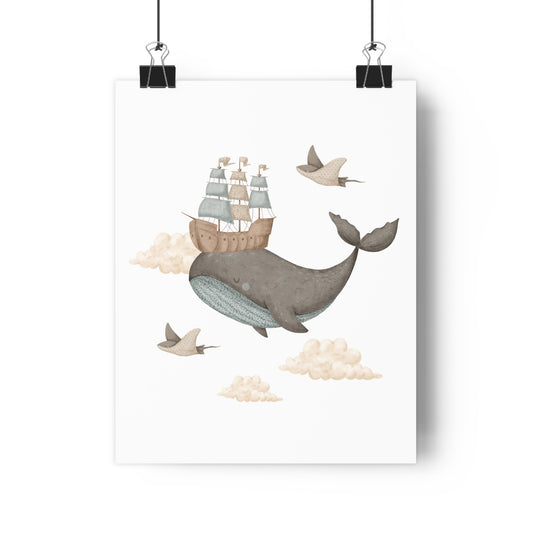 Giclée Art Print Memories of Dreams Whale Ship Blue Neutral