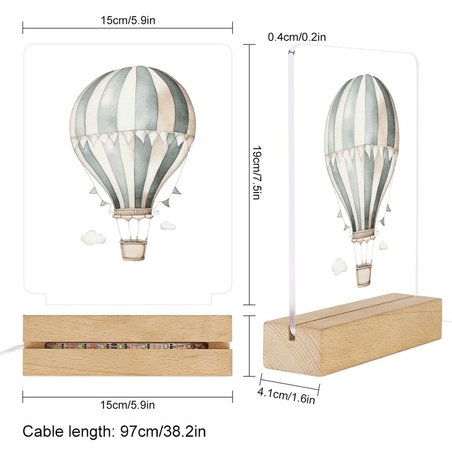 Watercolor Balloon Acrylic Night Light with Wooden Base