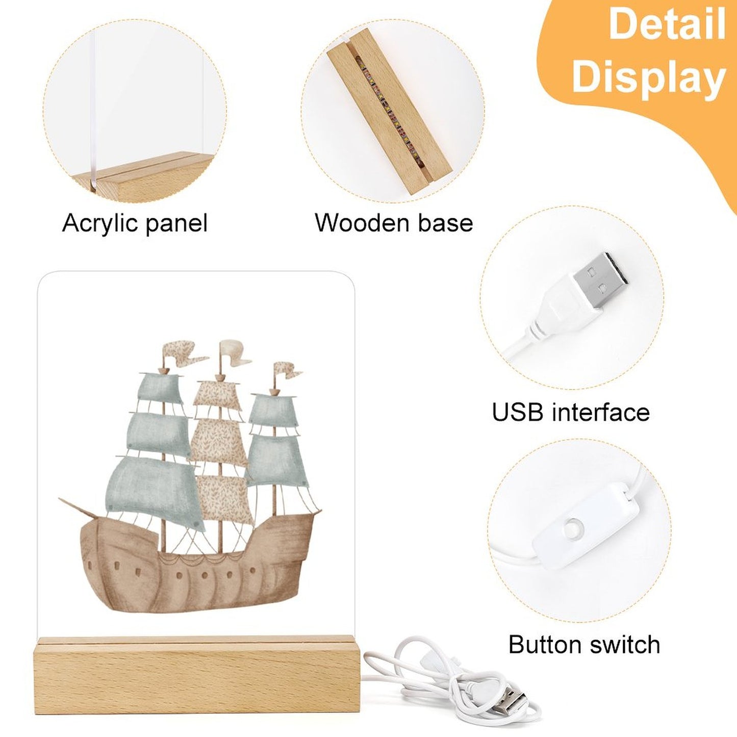 Watercolor Pirate Ship Acrylic Night Light with Wooden Base, Boys Bedroom, Bathroom, Nursery Decor