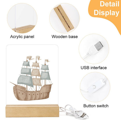 Watercolor Pirate Ship Acrylic Night Light with Wooden Base, Boys Bedroom, Bathroom, Nursery Decor