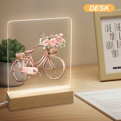 Watercolor Pink Paris Bicycle Basket Acrylic Night Light with Wooden Base