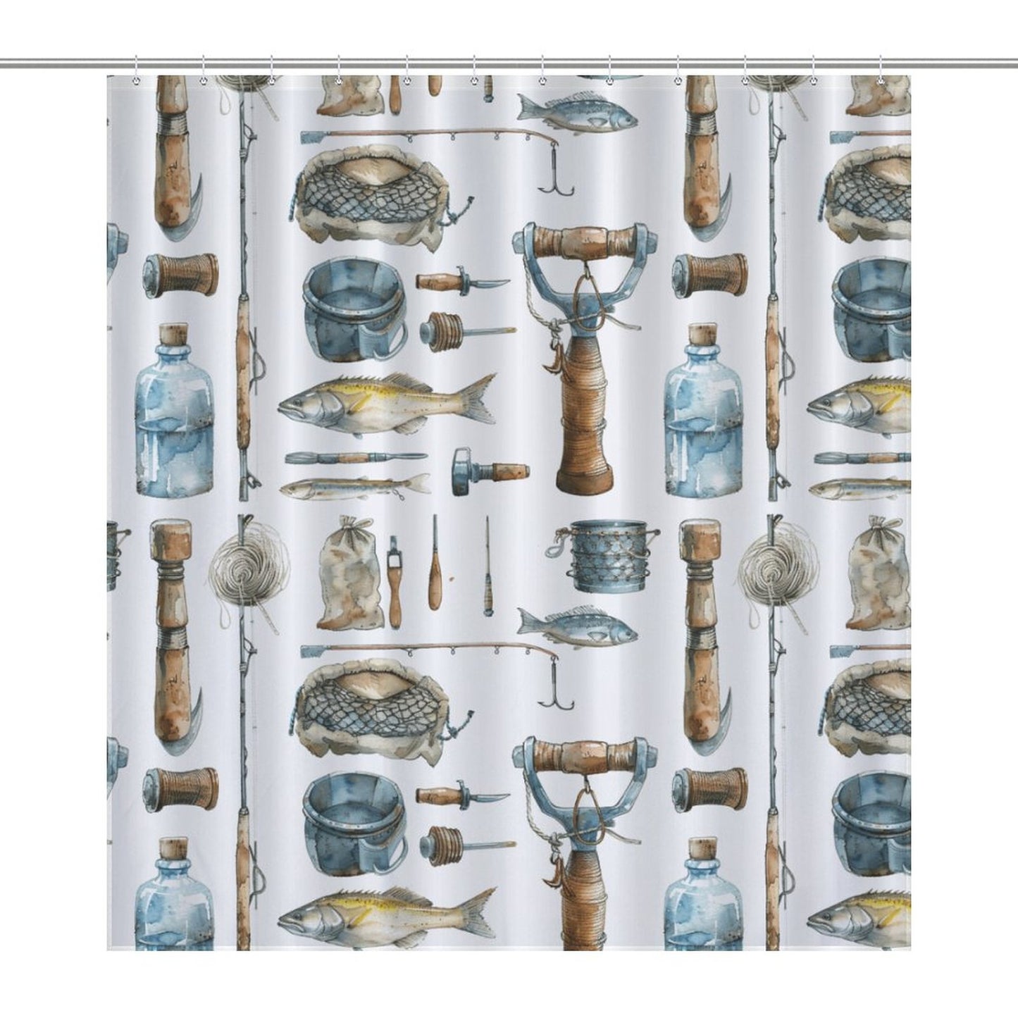 Lightweight Shower Curtain- Watercolor Fishing Tools