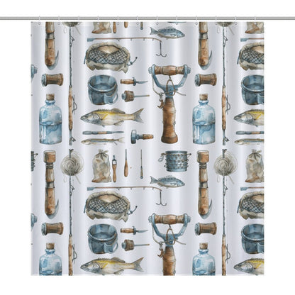 Lightweight Shower Curtain- Watercolor Fishing Tools