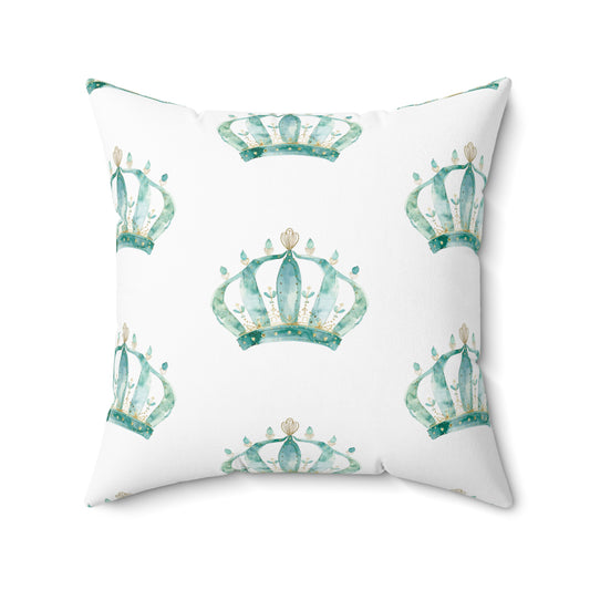 Spun Polyester Square Pillow with Removable Cover Watercolor Teal Princess Crown