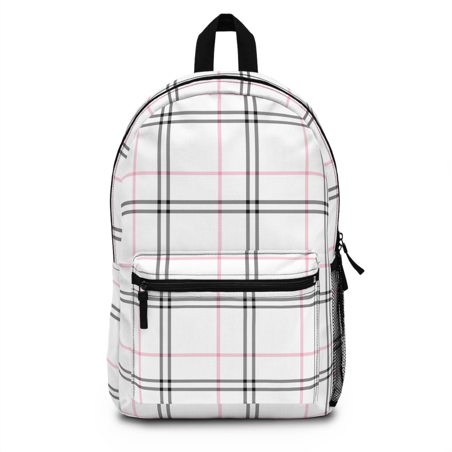 A preppy plaid black and pink backpack with a zipper closure and a padded back.