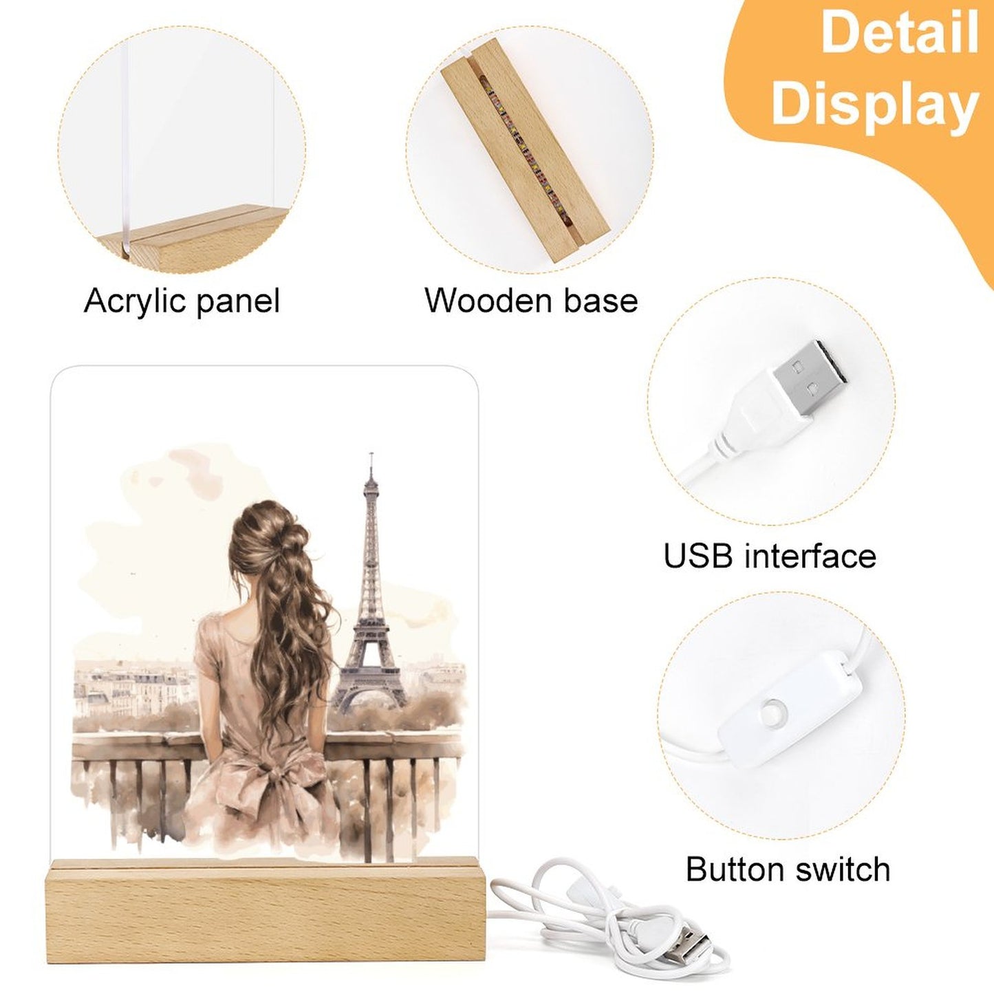 Watercolor Paris Girl Acrylic Night Light with Wooden Base