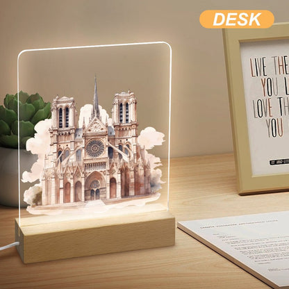 Watercolor Paris Cathedral Acrylic Night Light with Wooden Base