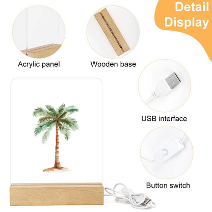 Watercolor Aloha Palm Tree Night Light with Wooden Base