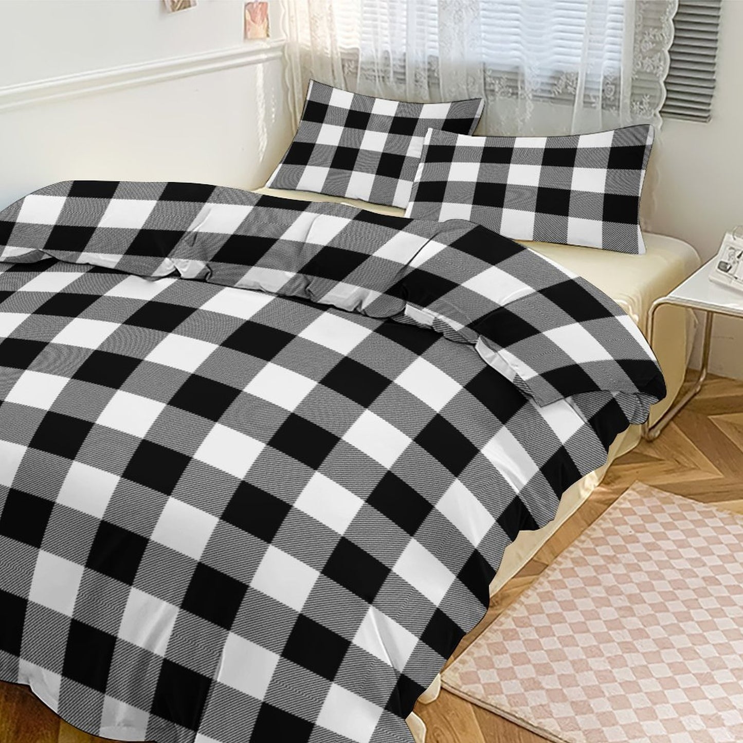 Black White Buffalo Plaid 3-Piece Bedding Set-102"x90" King, Reversible Buffalo Plaid Duvet Cover Set