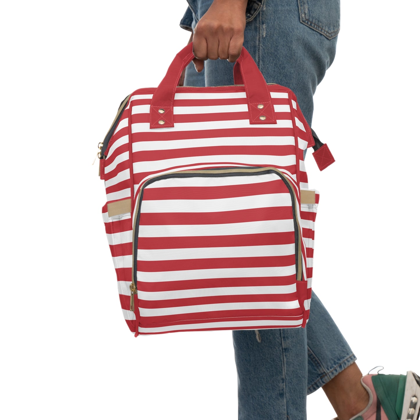 Nautical Stripe Multifunctional Diaper Backpack- Red