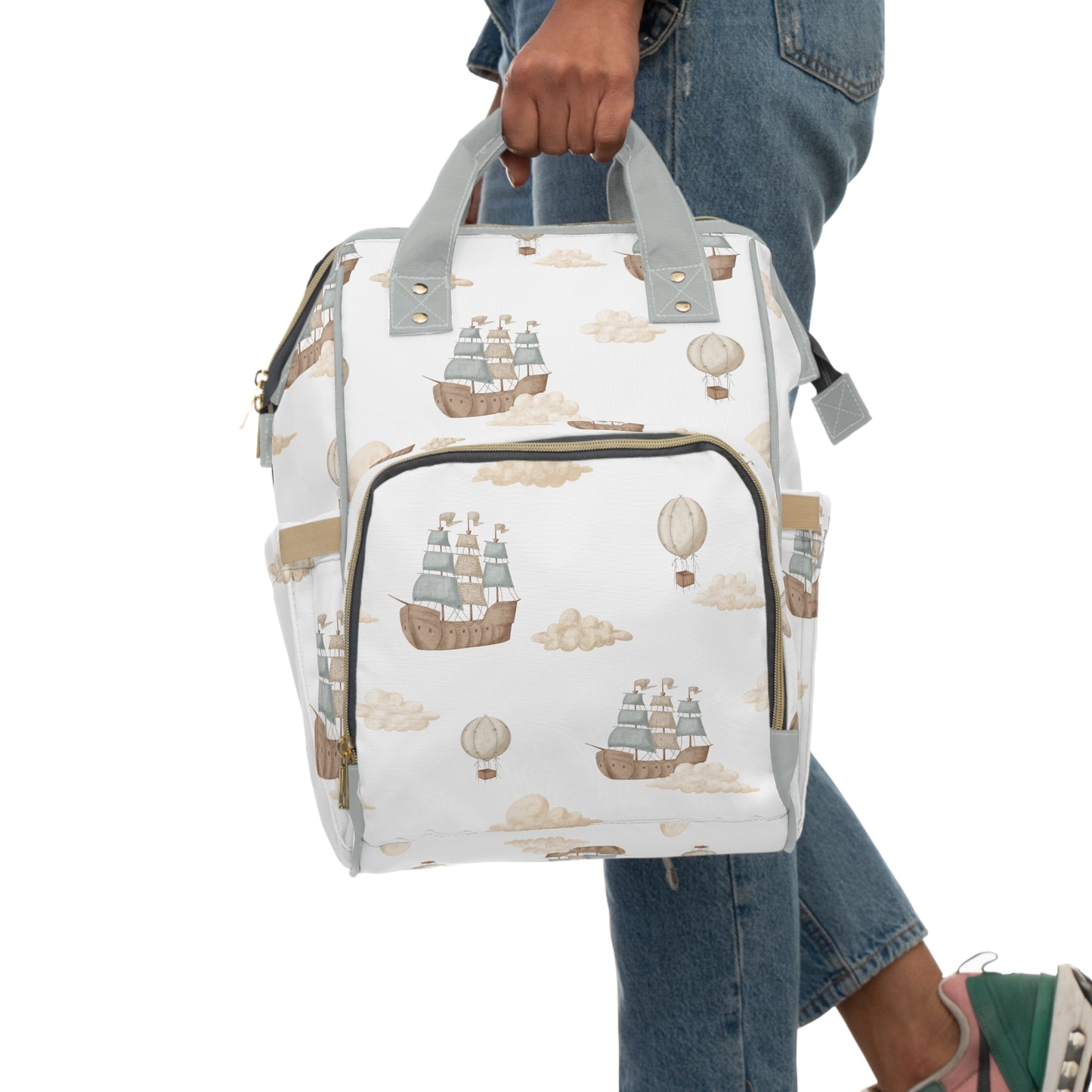 Watercolor Pirate Ship Clouds Multifunctional Diaper Backpack