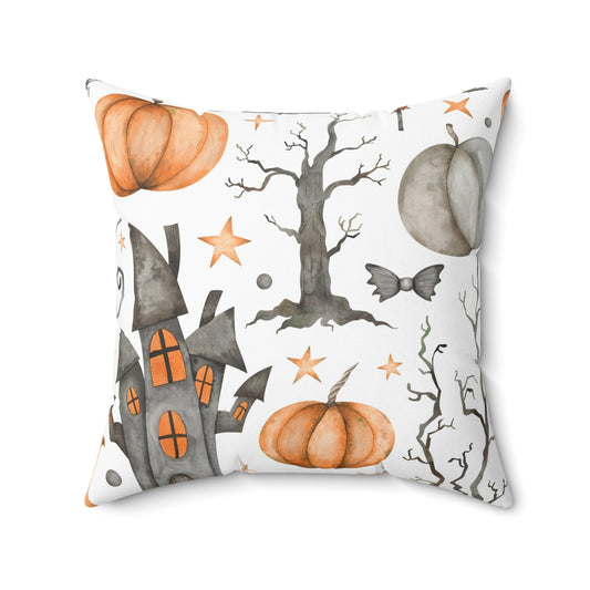 Spun Polyester Square Pillow with Removable Cover Watercolor Halloween Haunted House Flag Banner