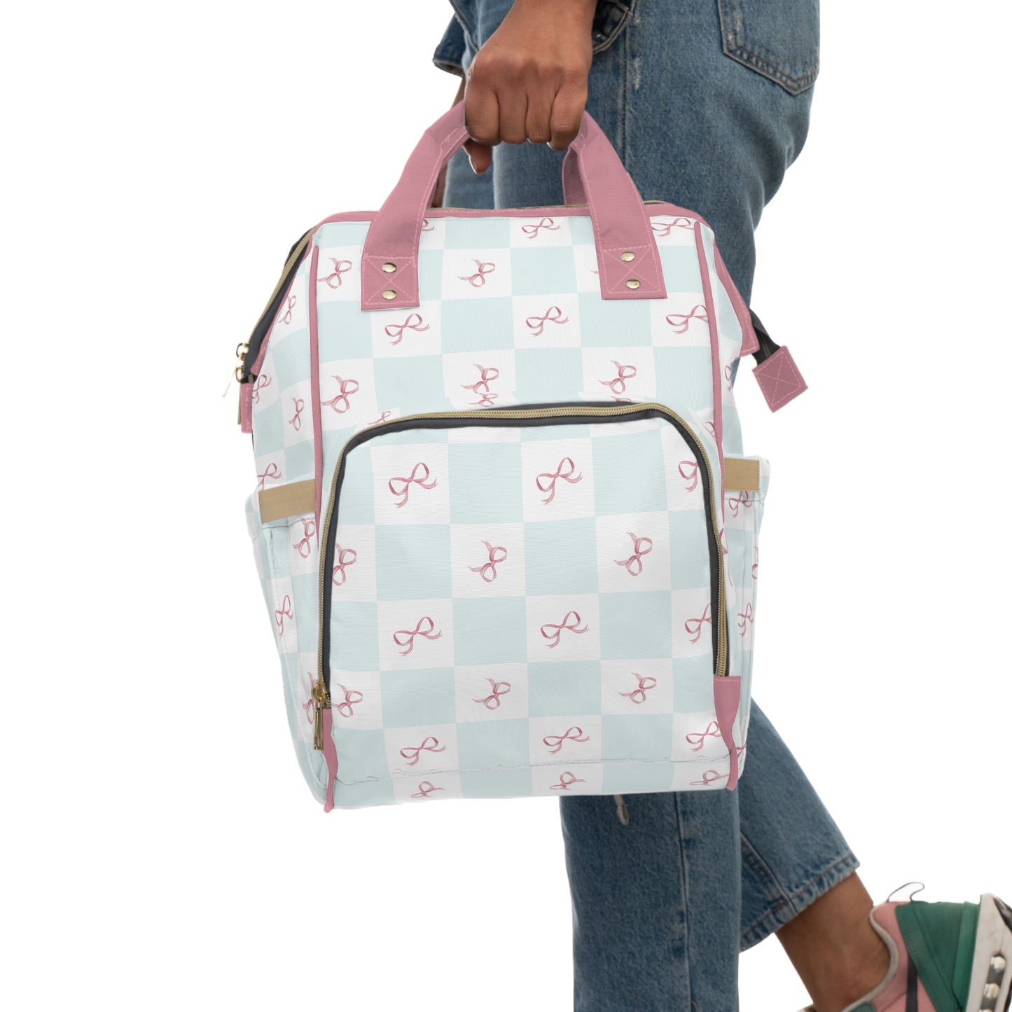 Coquette Blue Pink Bows Multifunctional Backpack Diaper Bag