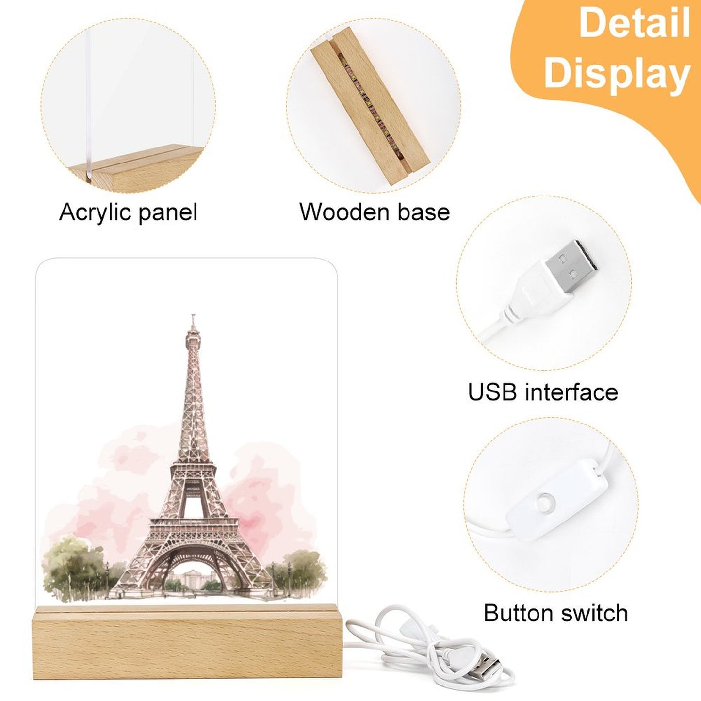 Watercolor Paris Acrylic Night Light with Wooden Base