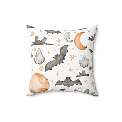 Spun Polyester Square Pillow with Removable Cover Watercolor Halloween Ghosts and Bats