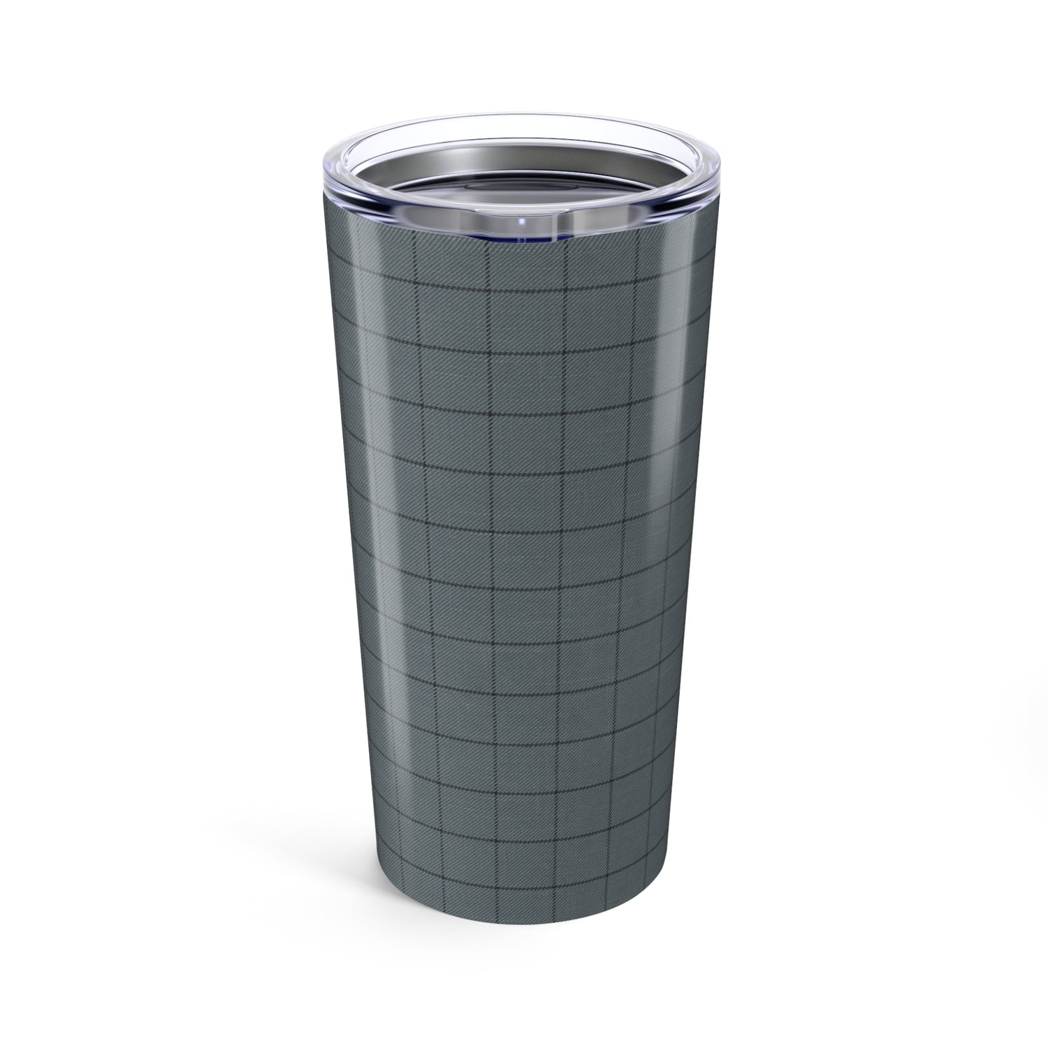 Gray tumbler with grid pattern on a white background