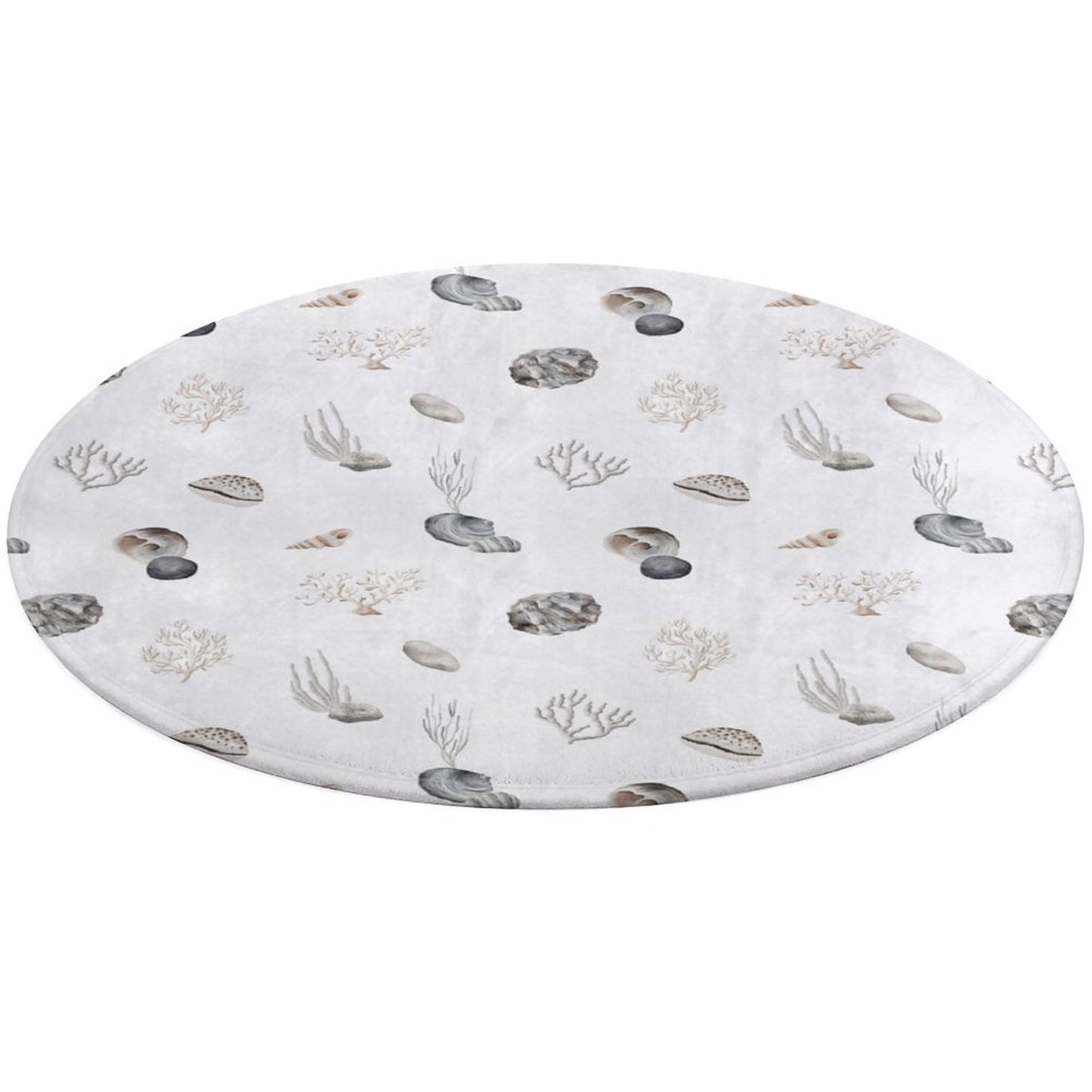 Round Plush Bath Mat- Watercolor Seashells Blue