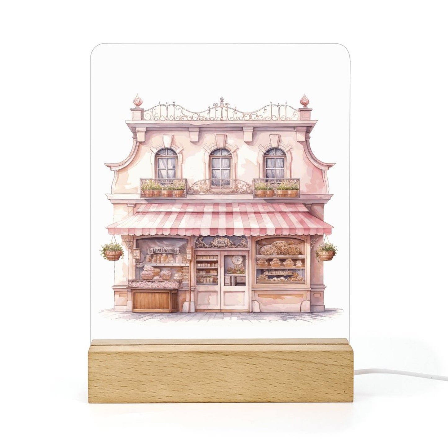 Watercolor Pink Paris Cafe Acrylic Night Light with Wooden Base