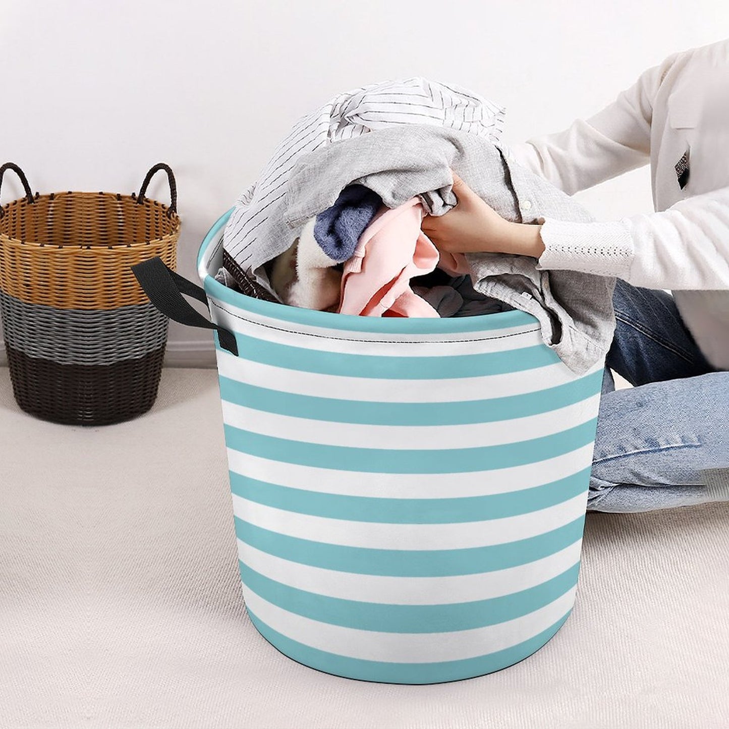 Collapsible Laundry Hamper- Nautical Stripes Aqua