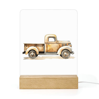 Watercolor Vintage Transportation Truck Acrylic Night Light with Wooden Base